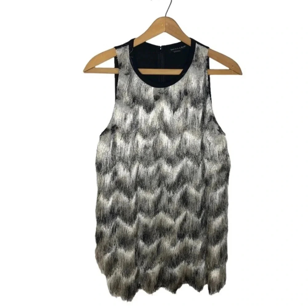 Sachin + Babi Black White Eyelash Fringe Sleeveless Blouse Top Size S - Picture 10 of 11